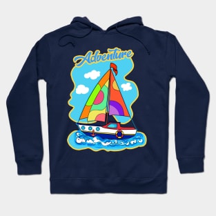 Adventure. Summer Travel in a boat with sails, Beautiful Sea, Sky, blue boat with sail illustration. Gifts for boy. Cartoon, cute ship Hoodie